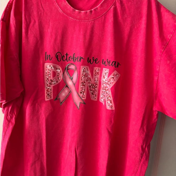 Breast Cancer Awareness Pink Distressed “In October We Wear Pink” T-Shirt - Picture 7 of 11